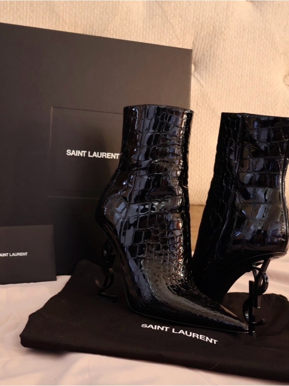 Saint Laurent Black Croc-Embossed Patent Leather YSL-Heel Ankle Boots - Picture 2 of 6